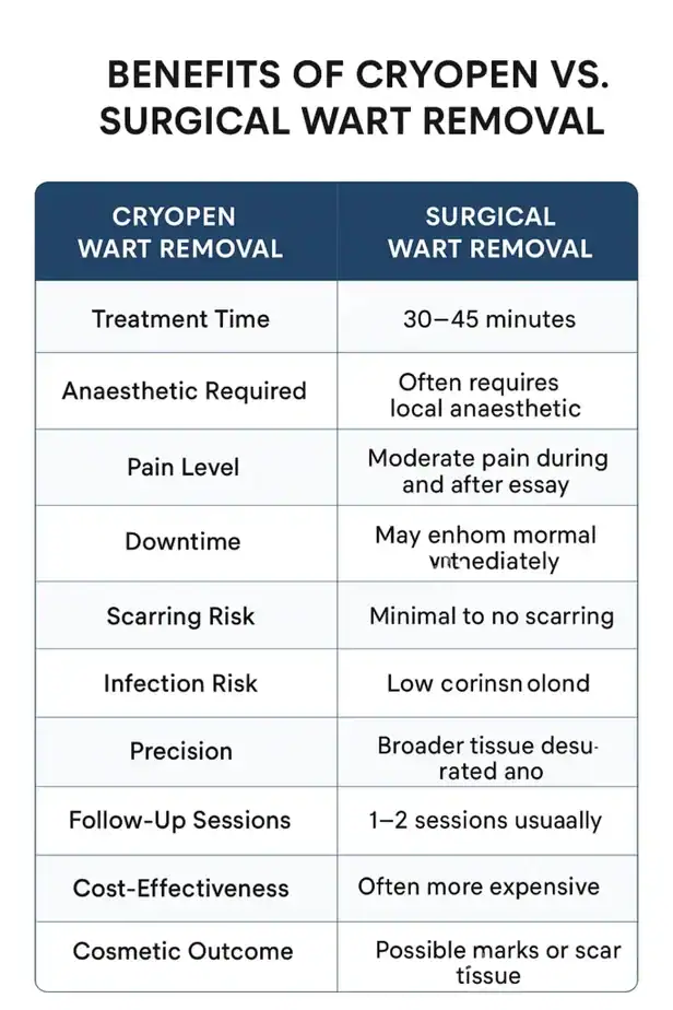Table showing the benefits of cryopen to remove warts Newbury compared to surgical treatment